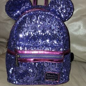 Disney Loungefly Kids Purple Sequins Pink Trim Mouse Backpack Preowned